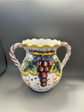 Deruta For Artistica Italian Pottery Pitcher/Vase, Hand Painted Double Handles